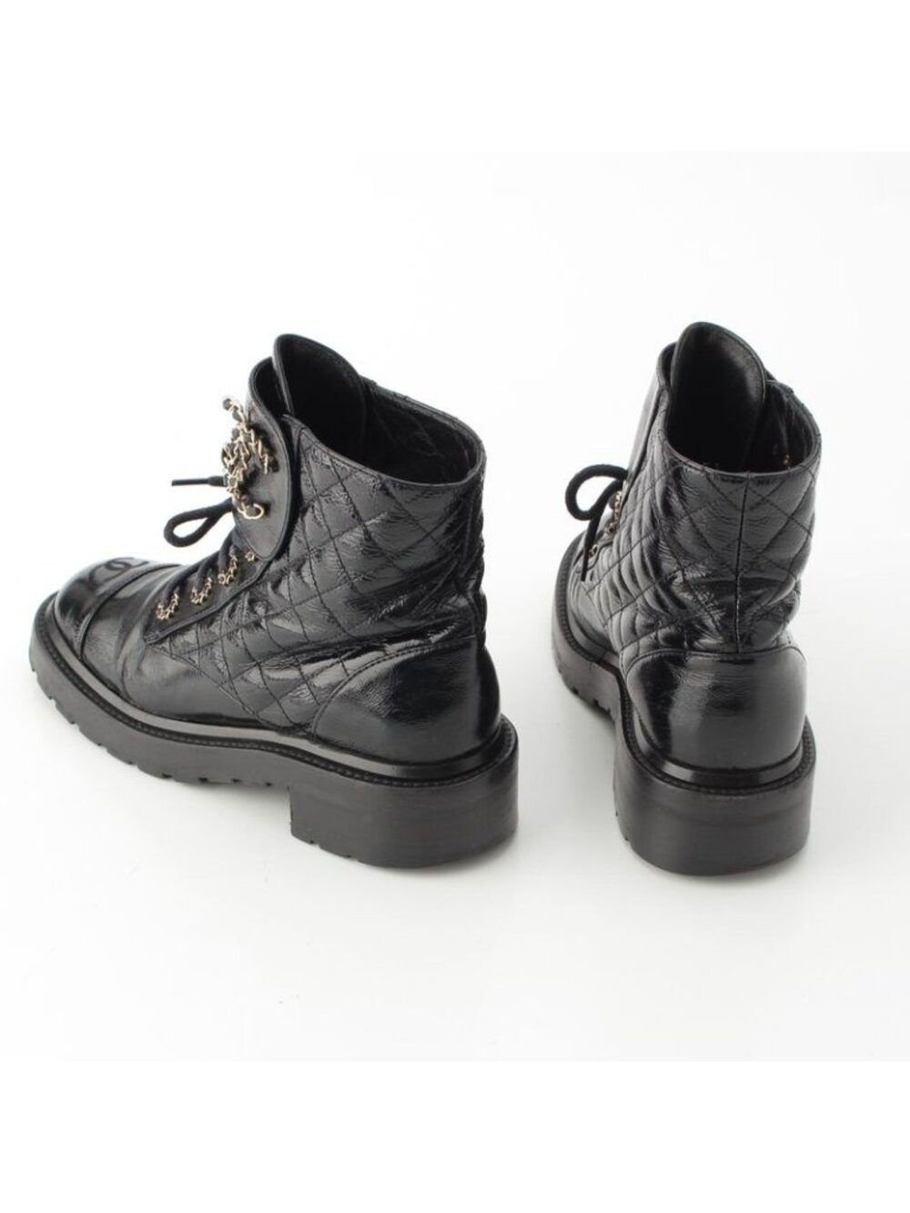 Chanel Leather CC Logo Lace Up Mountain Short Boots Shoes Black 37.5 - Picture 4 of 10